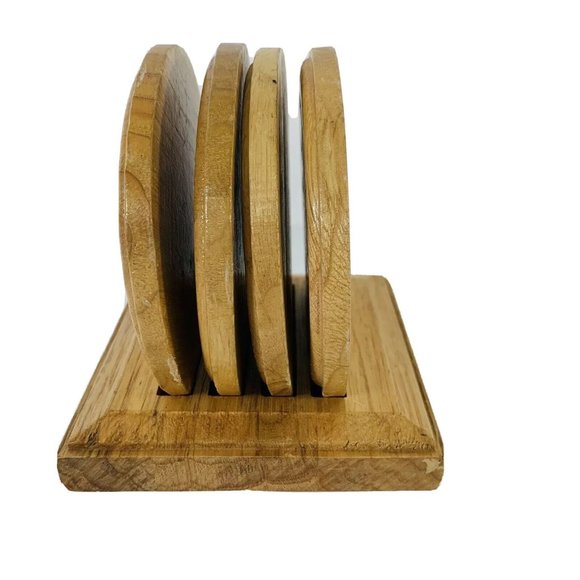 Vintage Kamenstein Wood Swirl Drink Coaster Set 4 Pc Stand Up Caddy Holder - Picture 5 of 10